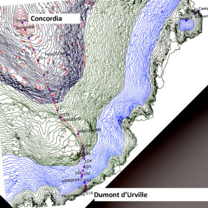 Elevation – Altimetry for the traverse route from the coast to Concordia - shows the level curves and the gradient