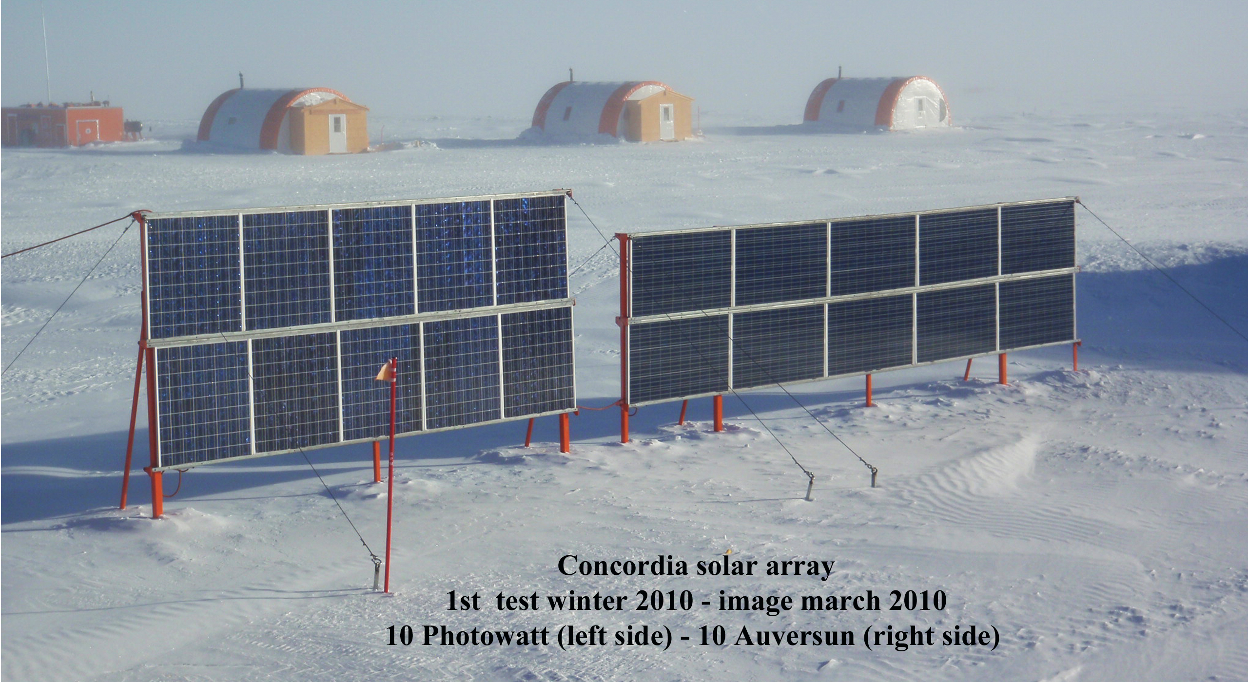 Concordia: first overwintering trial in 2010, 10 Photowatt panels (left) and 10 Auversun panels (right) on supports